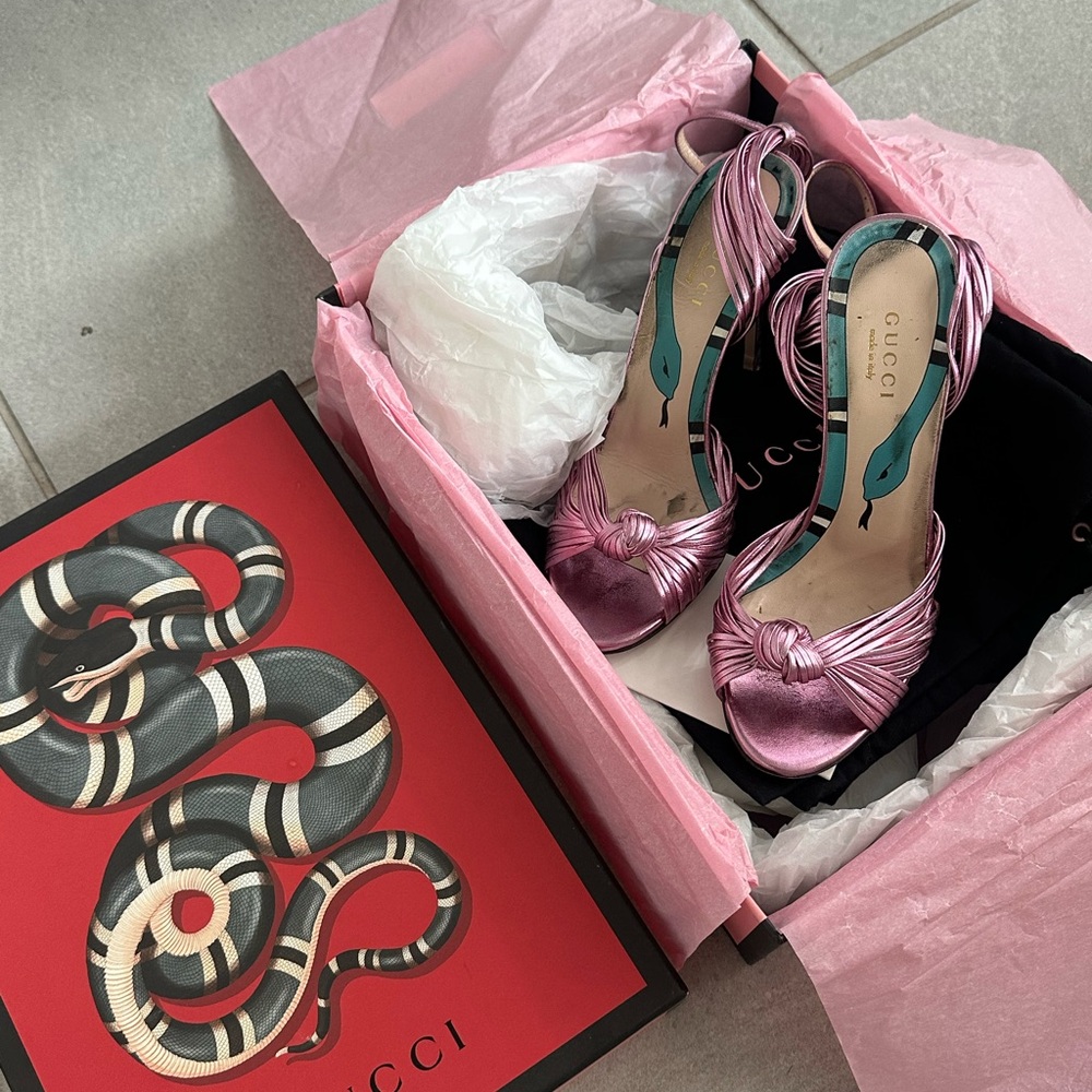 Gucci Pink Metallic Satin Knot Ankle-Tie Heels